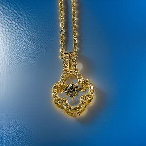 Gold 2.0 ct Zircon Lucky Clover with Round Cut Floater Pendant Necklace